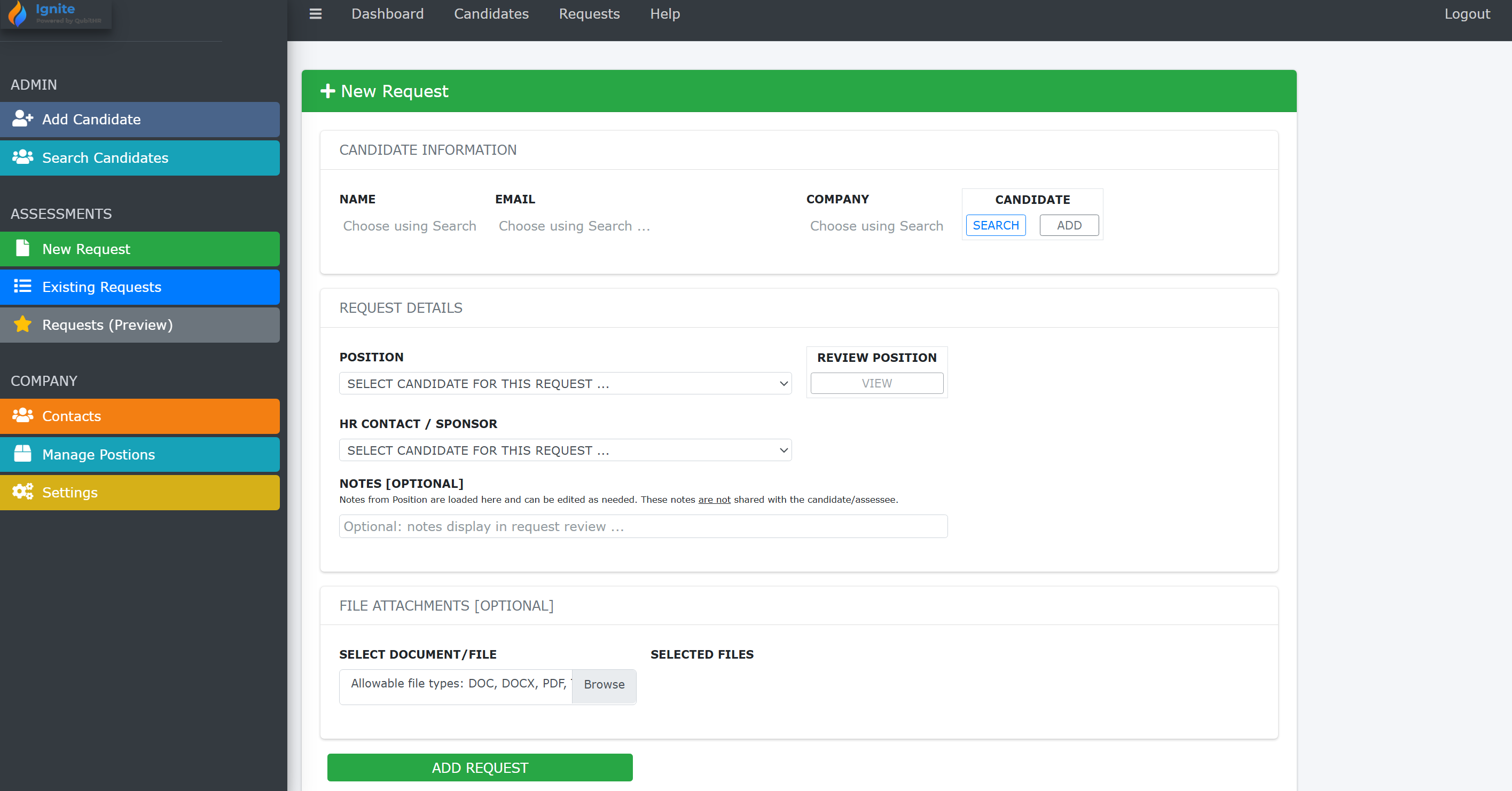 Ignite — creating a new assessment request